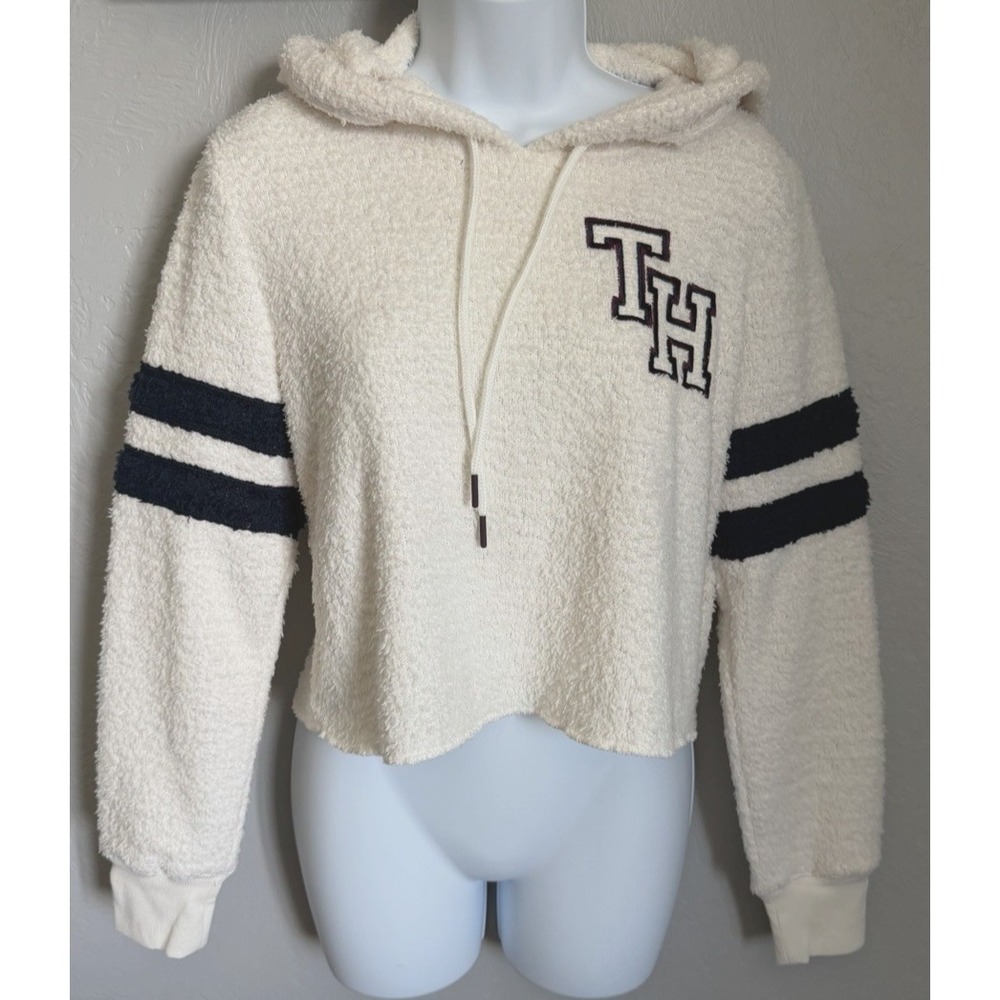 Tommy Hilfiger Crop Hoodie Womens Medium Ivory Fleece Marshmallow Varsity NWT!